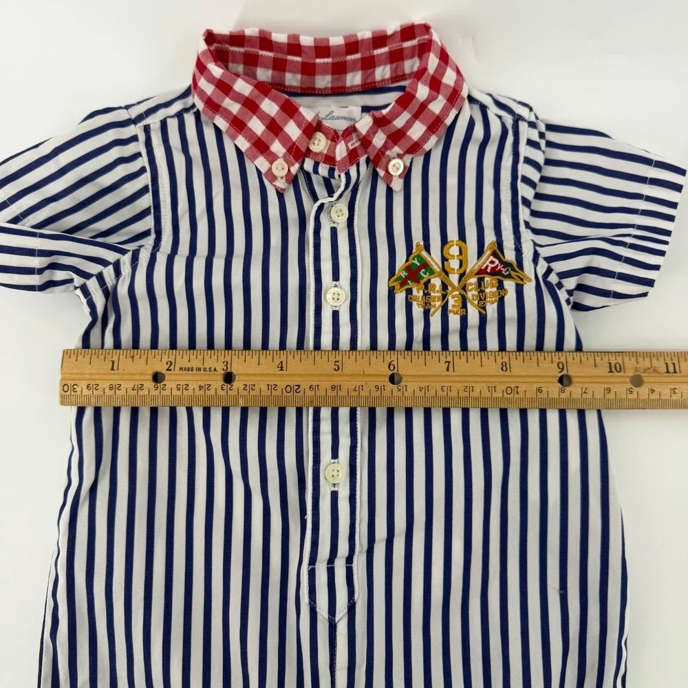Ralph Lauren Baby Boys Cotton Nautical Romper Blue White Stripe 6M Button Front